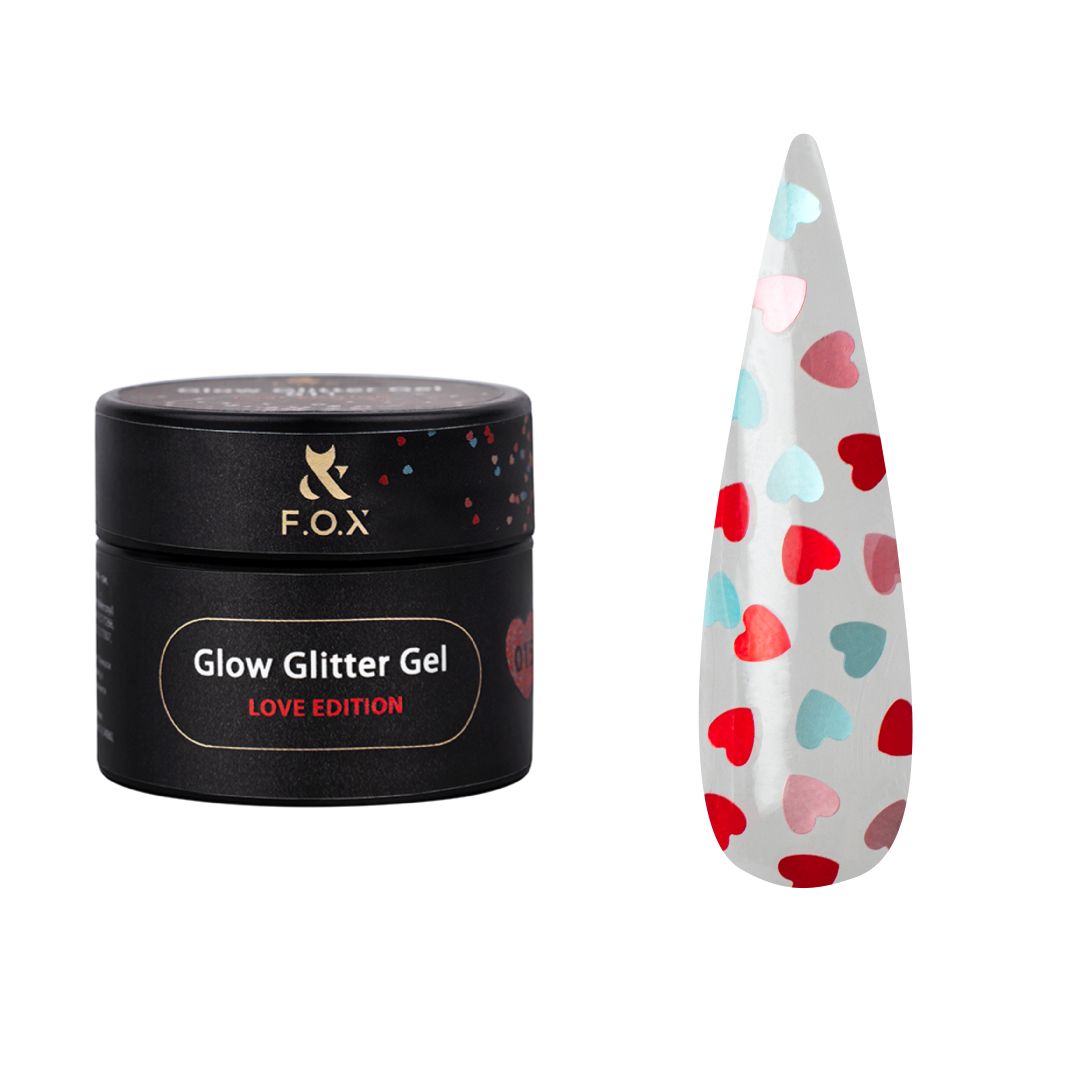 F.O.X Glow Glitter Gel med fargerike livlige hjerter i en størrelse.