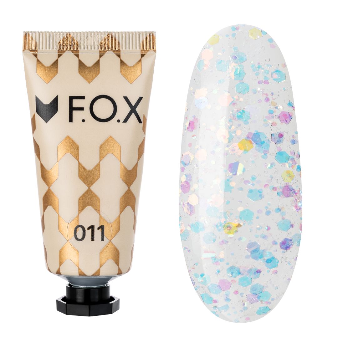 Polygel med lys base og flerfargede glitterelementer