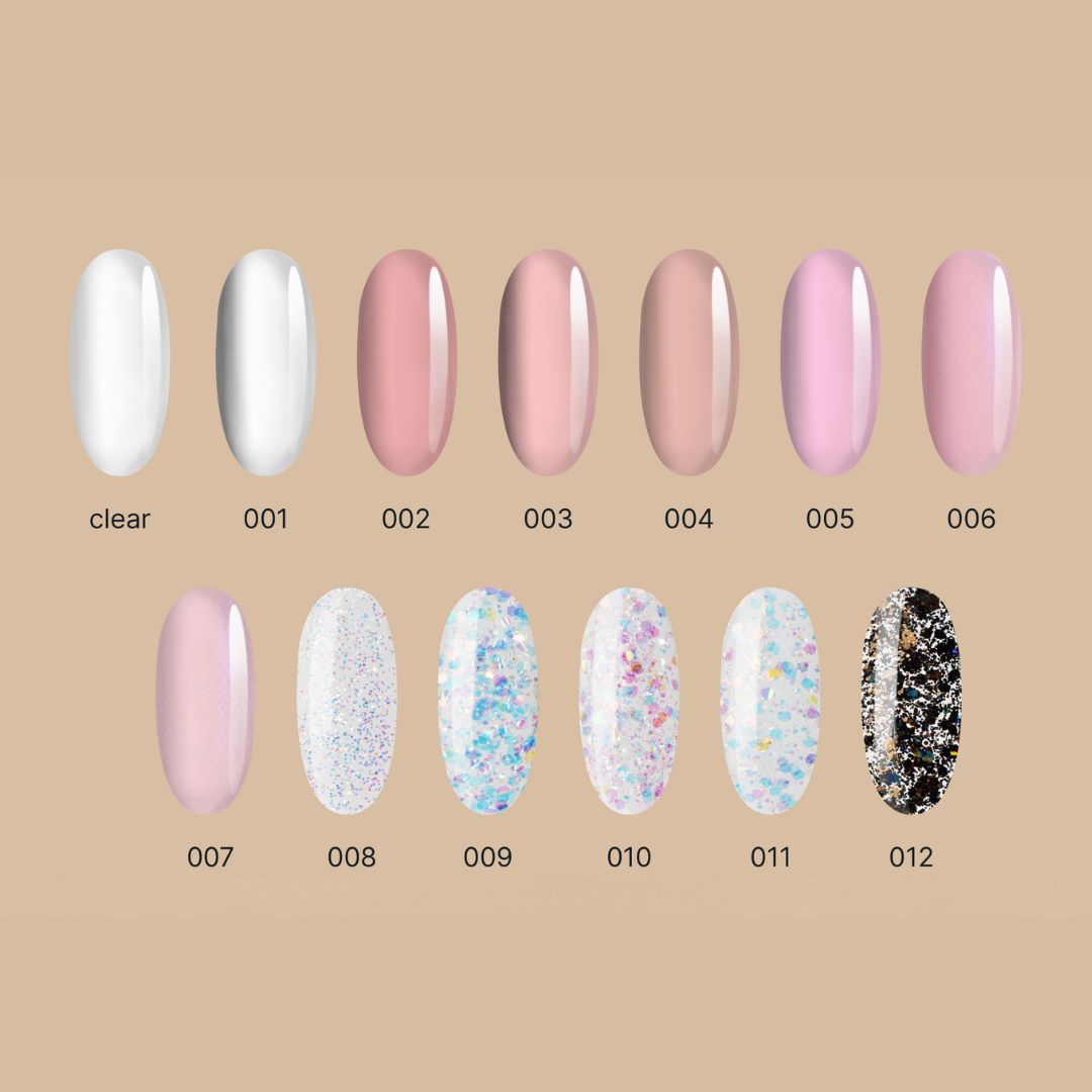 Nano Polygel i nude clear og glitter for neglemodellering
