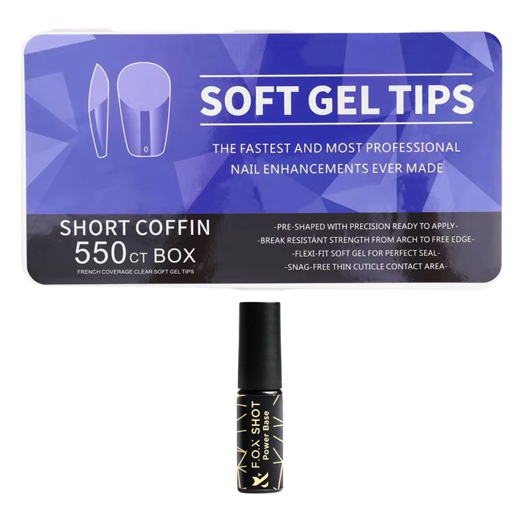 Soft Gel Tips sett med 550 tips og F.O.X Base Power 5ml.
