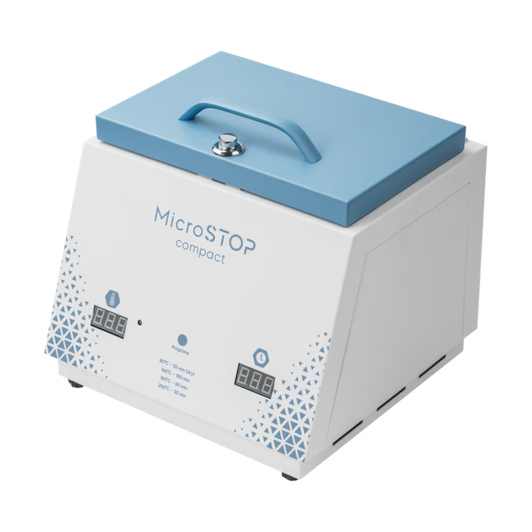 MicroSTOP COMPACT varmluftsterilisator, hvit med lyseblått lokk og to digitale displayer