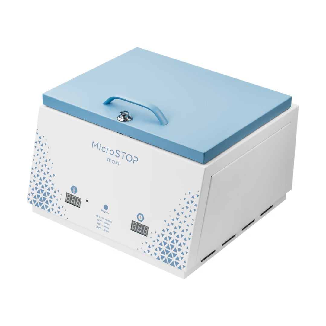 MicroSTOP MAXI varmluftsterilisator, bred hvit modell med lyseblått lokk og digitalt display